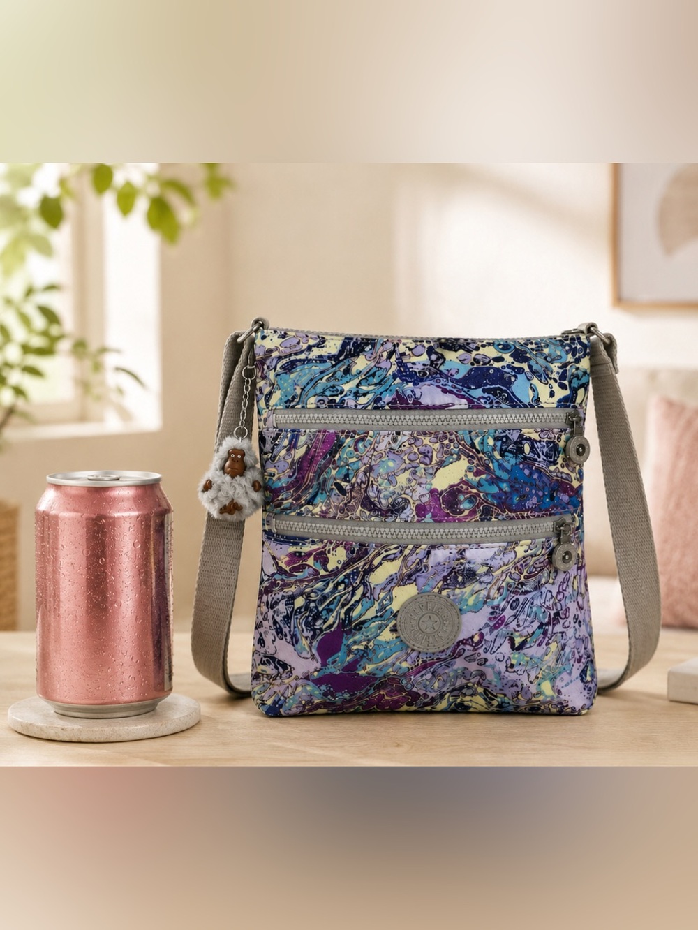 Kipling Keiko Marble Multi Nylon Crossbody Bag + Melanie Monkey Key Chain
